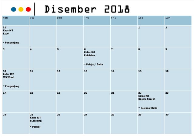 kalender aktiviti Disember 18