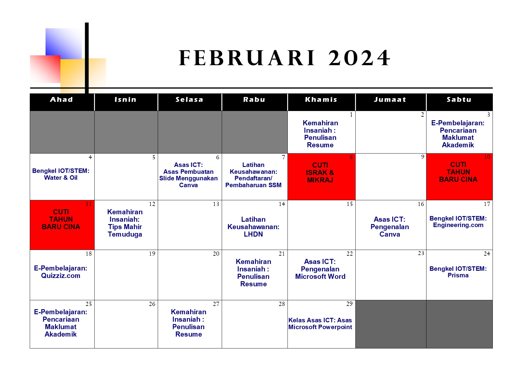 Jadual Aktiviti Feb 2024