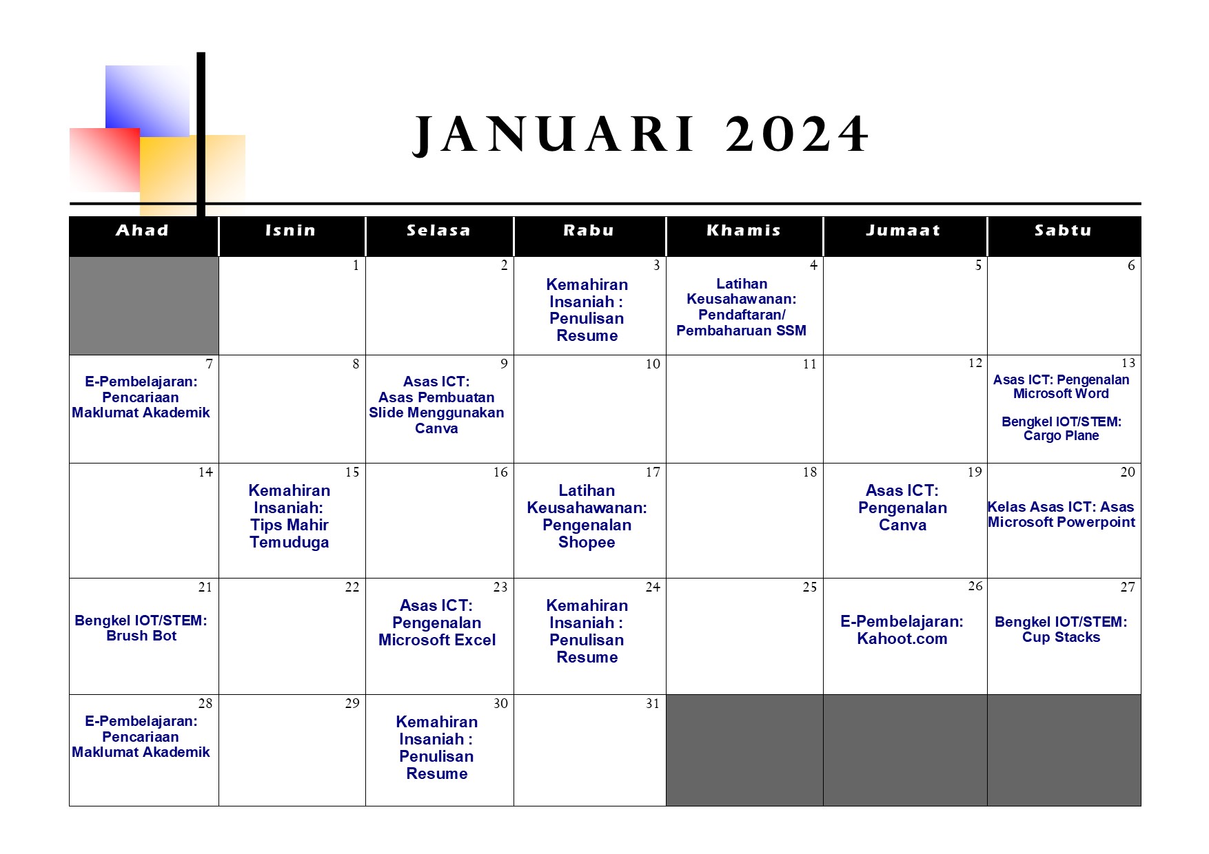 Jadual Aktiviti Jan 2024