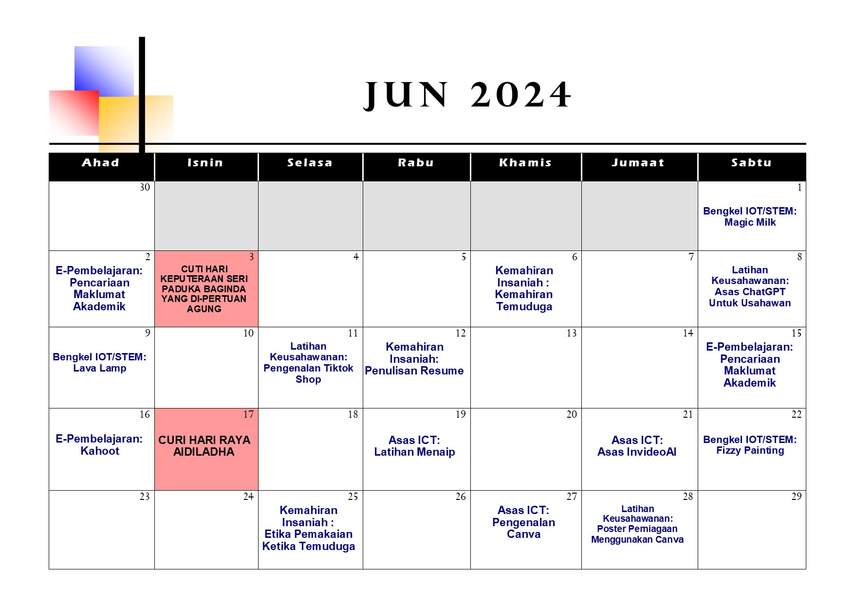 Jadual Aktiviti Jun 2024