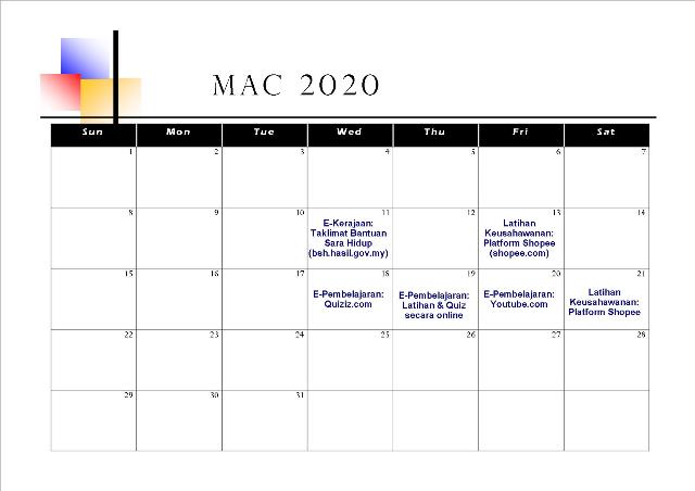 Jadual Aktiviti Mac 2020