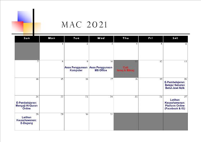 Jadual Aktiviti Mac 2021