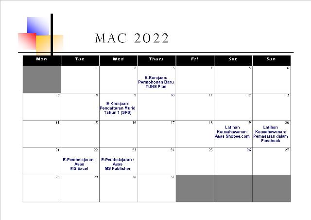 Jadual Aktiviti Mac 2022