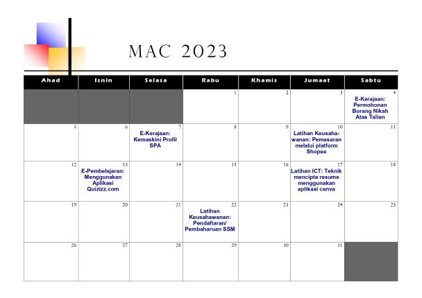 Jadual Aktiviti Mac 2023