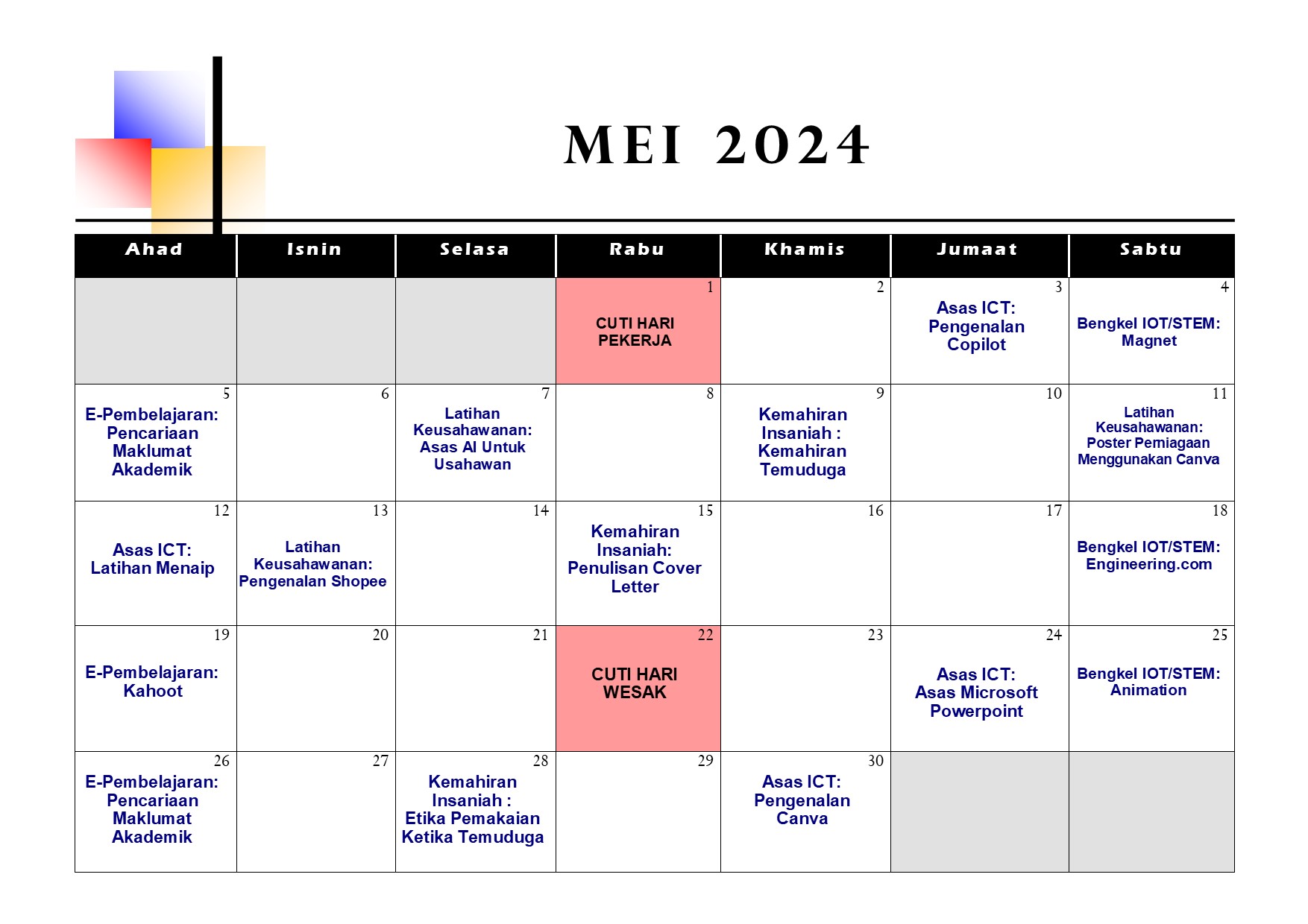 Jadual Aktiviti Mei 2024