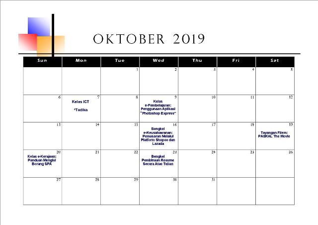 Jadual Aktiviti Oktober 2019